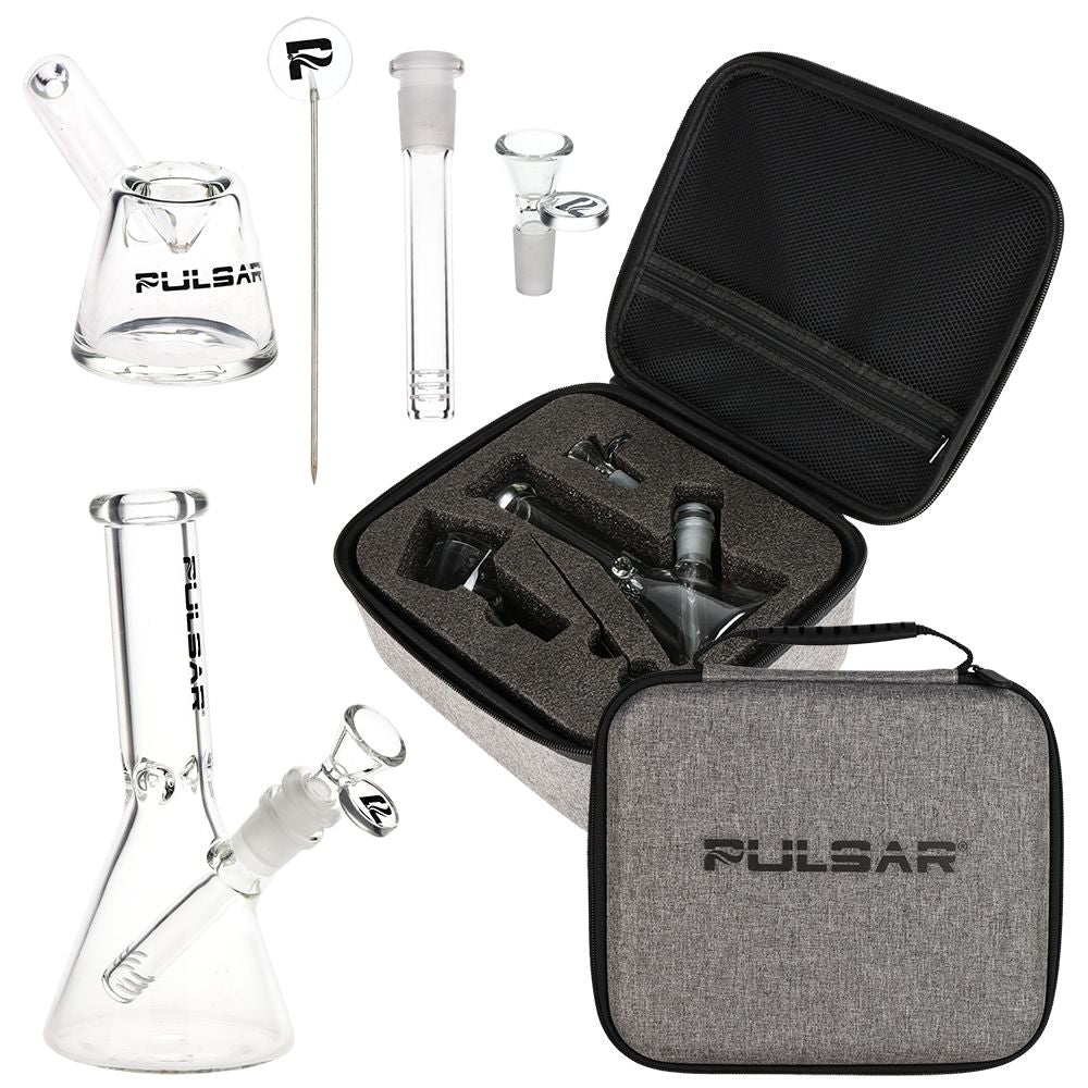 Pulsar Slant Neck Beaker Glass Water Pipe Zippered Case Travel Kit - 7" / Clear (ONLINE ONLY)