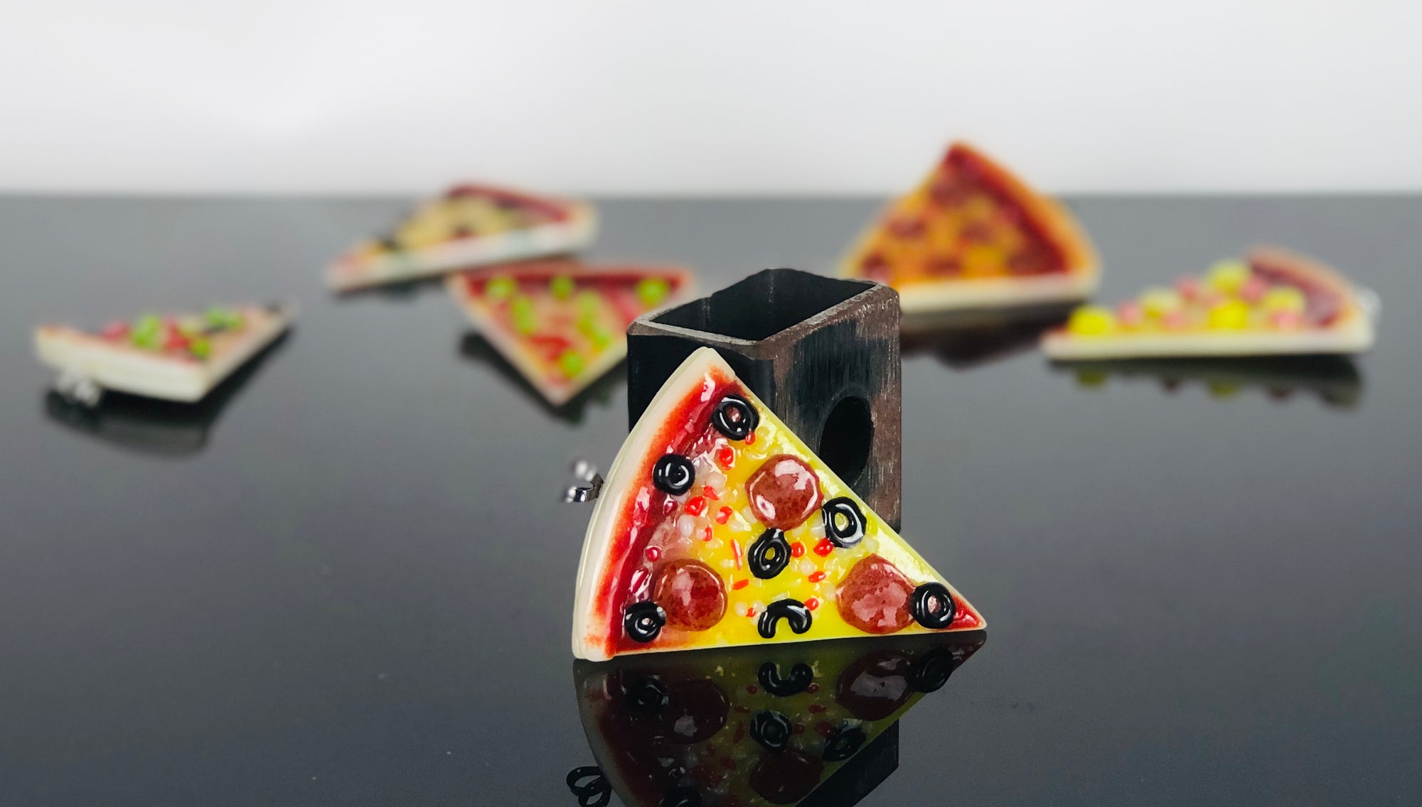 Jamie Burress Fused Glass Pizza Pendants - Pepperoni and Olive