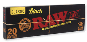 RAW Black Pre-Roll Cone 20 Pack with Funnel - King Size