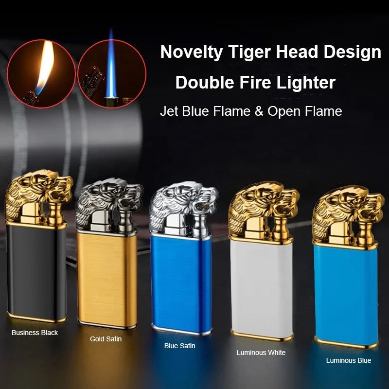 Engravable Dual Torch Flame Lighter - Gold / Tiger
